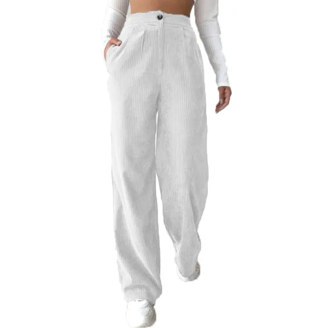 Women's High Waist Casual Pants Solid Color Corduroy Baggy Straight Trousers White - Shop at LoveMi
