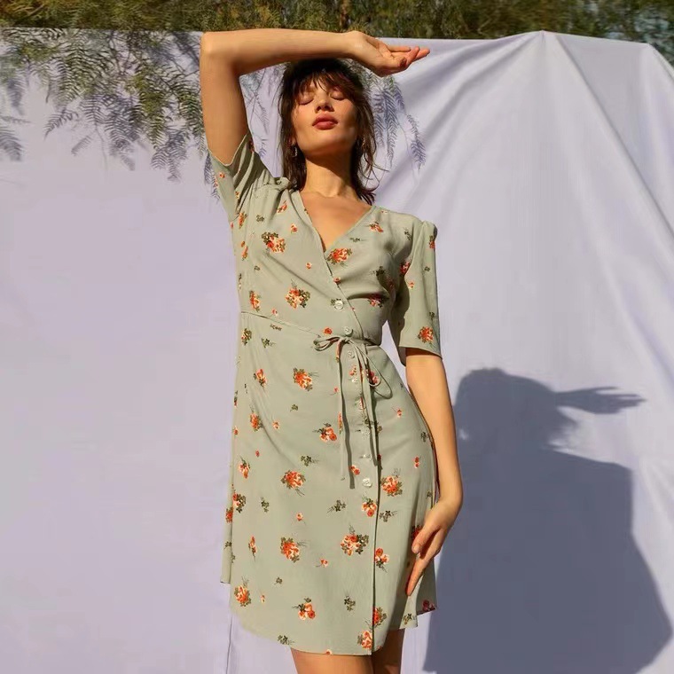 Waist tight Floral V neck Short Dress Women Picture Color - Shop at LoveMi