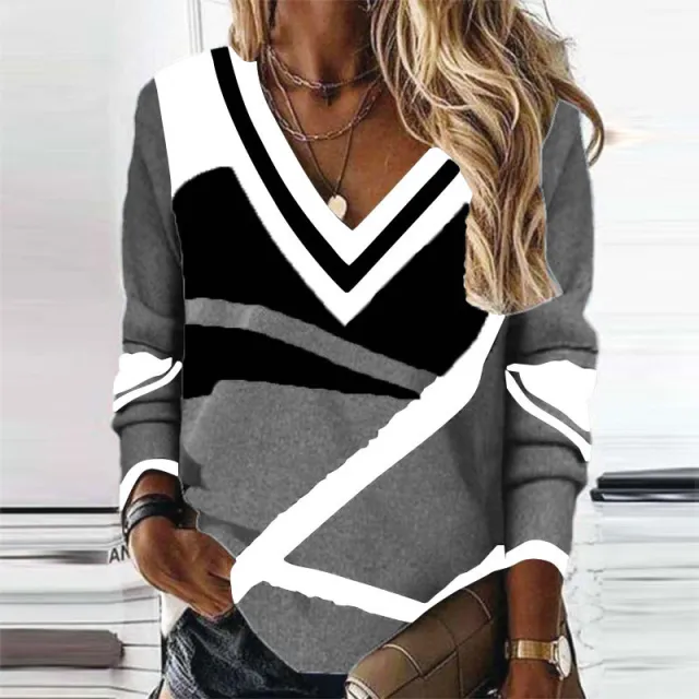 Women's Clothing V collar Contrast Color Geometric Print Elegant Loose Long Sleeve Grayish White - Shop at LoveMi