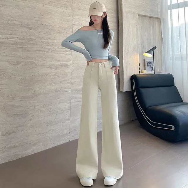 Women's High Waist Slimming Loose Straight Jeans Beige Lengthened - Shop at LoveMi