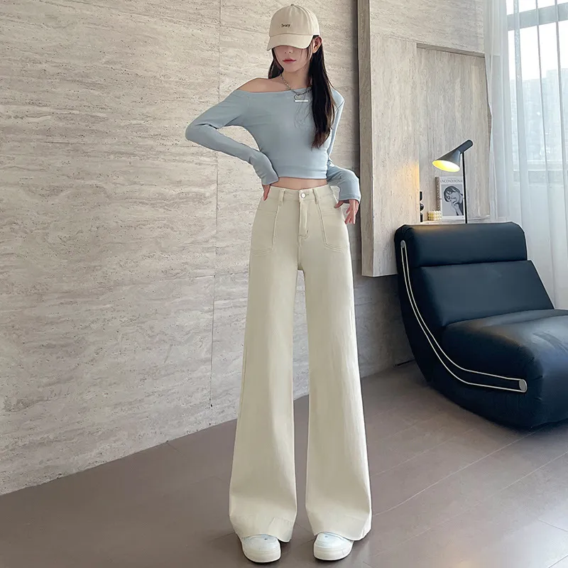 Women's High Waist Slimming Loose Straight Jeans - Beige Lengthened