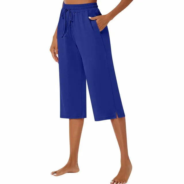 European American Polyester Wide leg Pants Women's Casual Pants Artistic Retro Drape Slim Shorts Blue - Shop at LoveMi