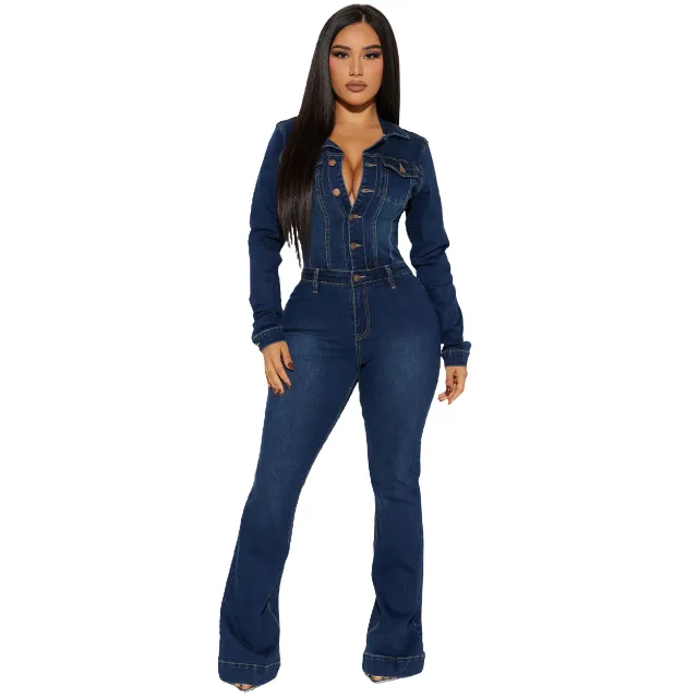 Women's Slim Fit Stretch Denim Jumpsuit Dark Blue - Shop at LoveMi