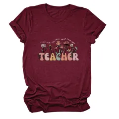 Casual TEACHER Floral Women's Loose Round Neck Short Sleeve - Red - View 1
