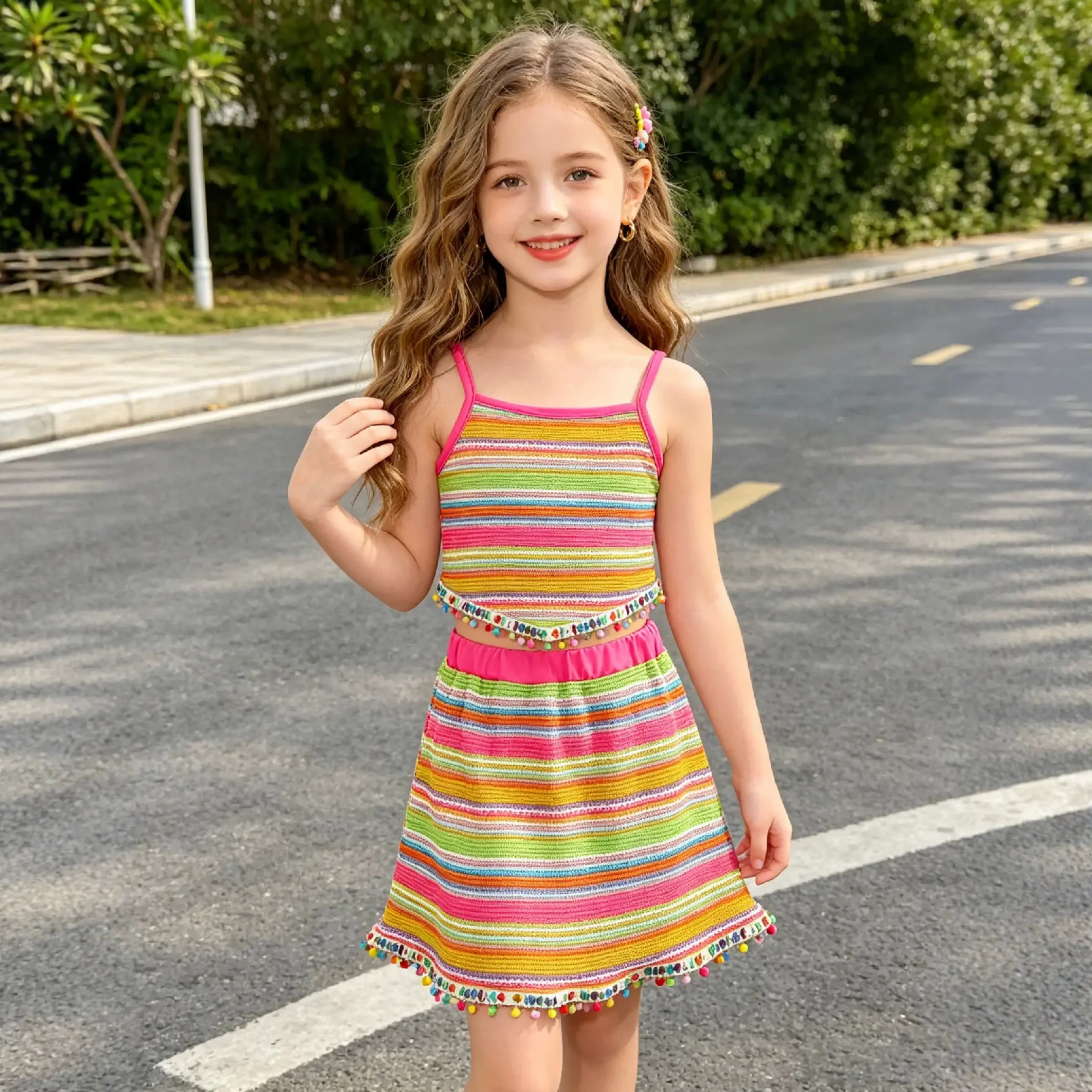 Little Girls Rainbow-Striped Halter Top And Fringe-Trimmed