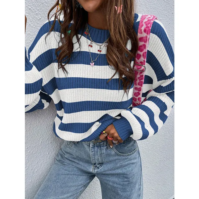 Women's Round Neck Loose Casual Contrast Color Striped Sweater Blue - Shop at LoveMi