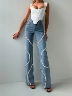 Loose Straight Leg Jeans And Fashionable Casual Pants With A Rhine Stone Denim Design Around Them Suitable For Women - Blue - View 1