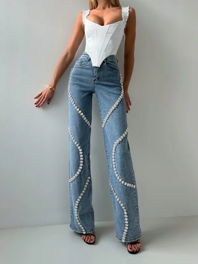 Loose Straight Leg Jeans And Fashionable Casual Pants With A Rhine Stone Denim Design Around Them Suitable For Women Blue - Shop at LoveMi