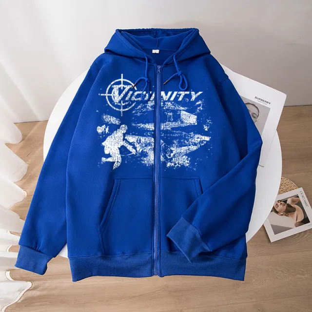 European And American Fashion Geo neighbor Printed Zipper Sweater Blue - Shop at LoveMi