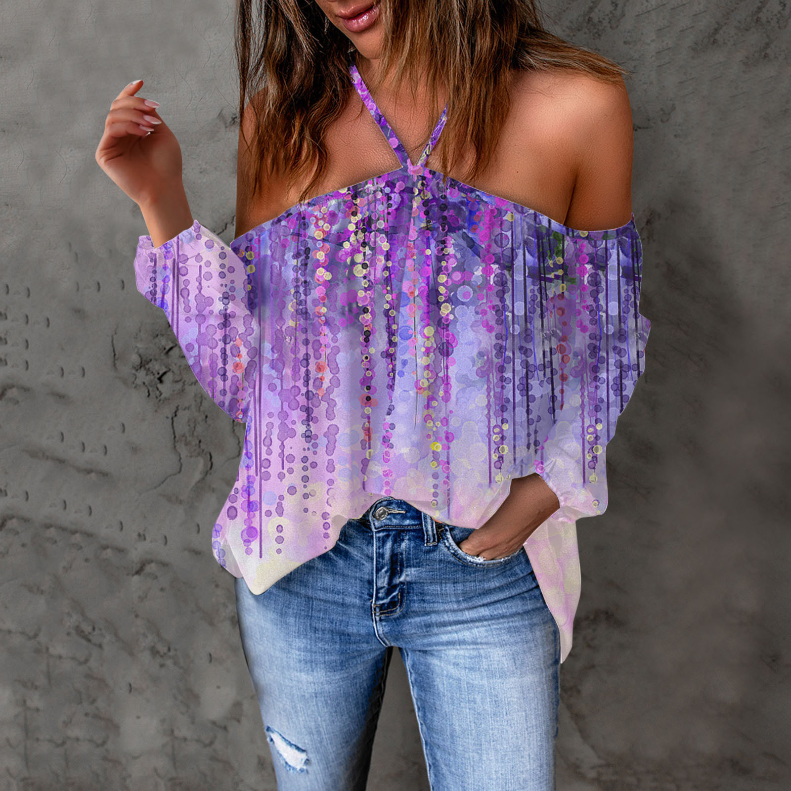 Long-Sleeve Top Arrival Loose T-Shirt With A Strappy Neck Design And Print Pattern