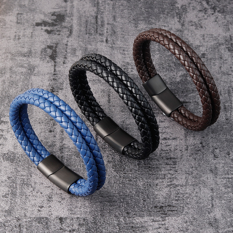 Mens Black Alloy Multi-Layer Leather Bracelet