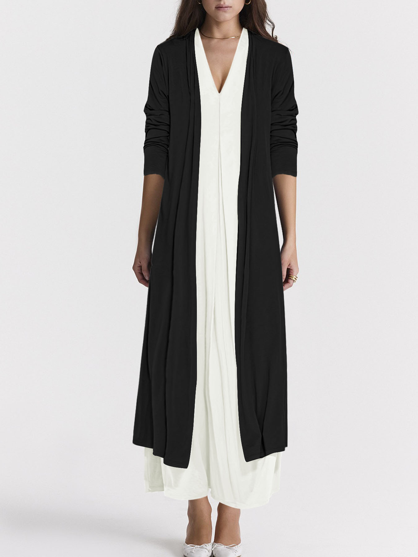 Casual Solid Color And V neck Cardigan Coat Dress Suit Black Coat White Dress - Shop at LoveMi