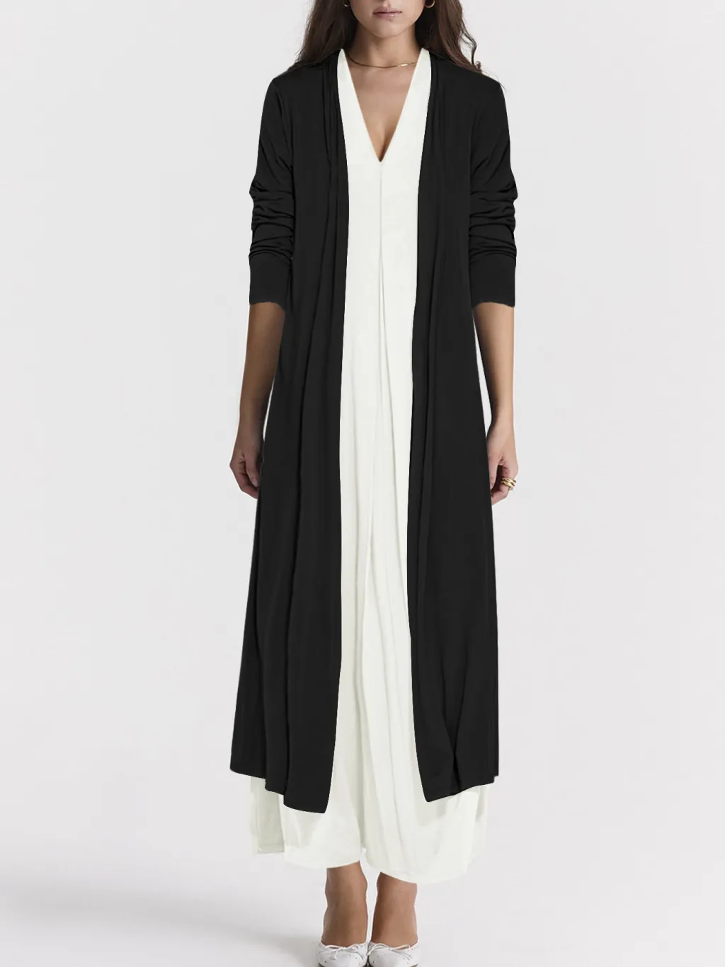 Casual Solid Color And V-neck Cardigan Coat Dress Suit - Black Coat White Dress