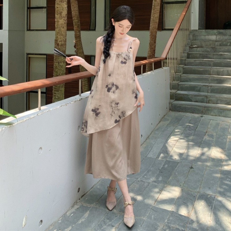 Chinese Style Printed Plus Size Loose Sling Dress Women