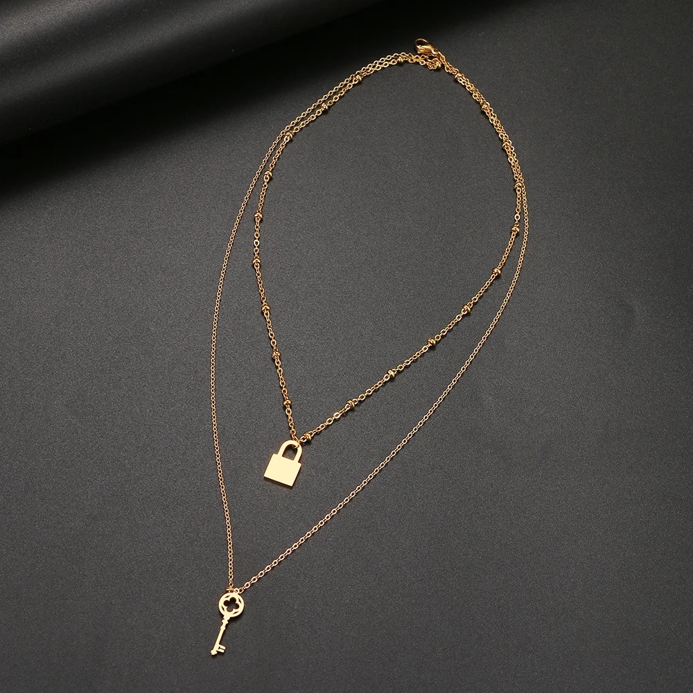 18K Gold Stainless Steel Double-layer Key Lock Pendant Ornaments Multi-layer Necklace