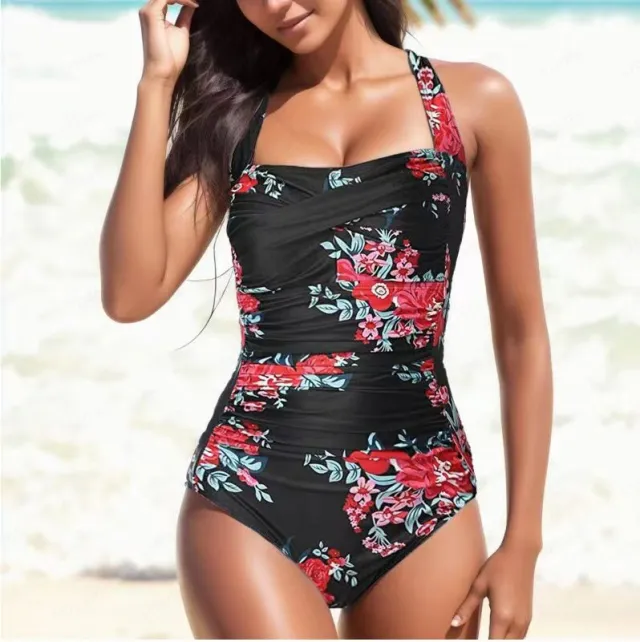 Siamese Triangle Backless Women's Pleated Retro Red Printed - Shop at LoveMi