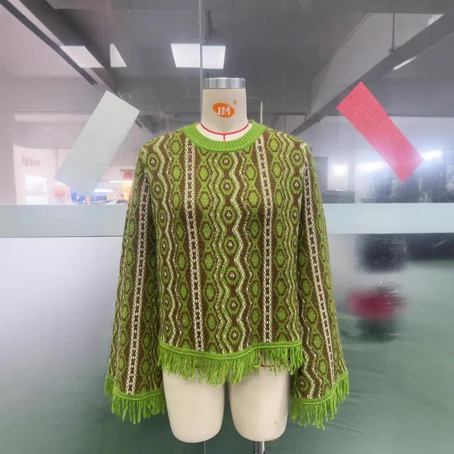 Contrast color Jacquard Fringe Casual Round neck Sweater Green - Shop at LoveMi