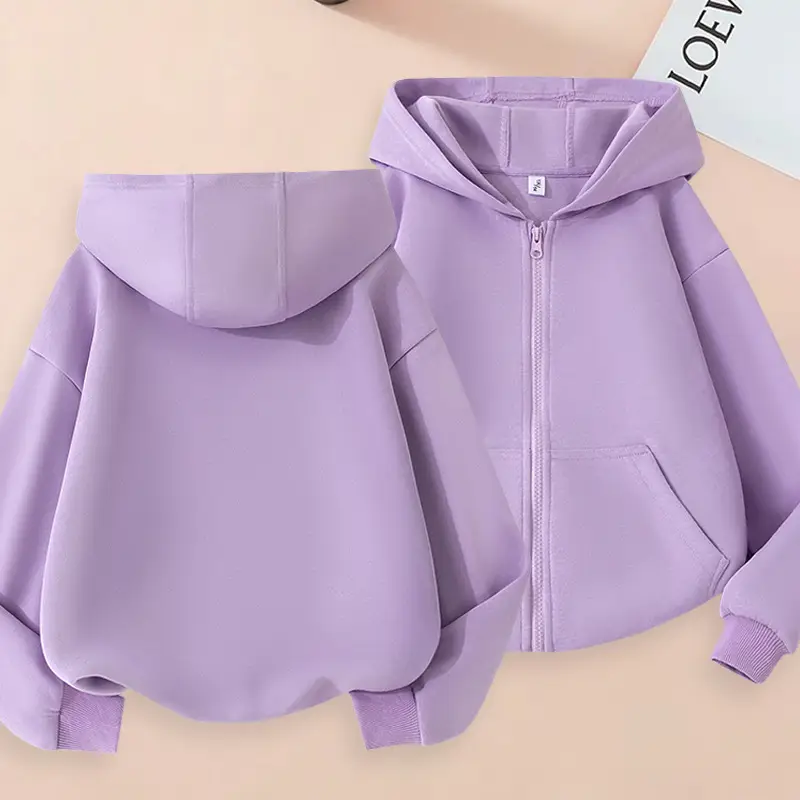 Girl's Casual Versatile Solid Color Pocket Zipper Hoodie