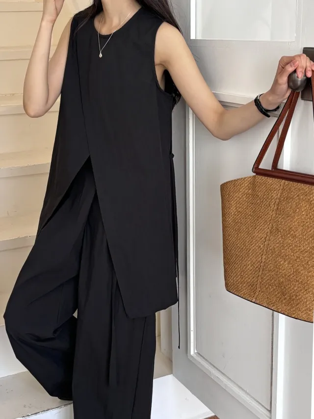 Split Sleeveless Lace up Top High Waist Wide Leg Pants Two piece Set Black - Shop at LoveMi