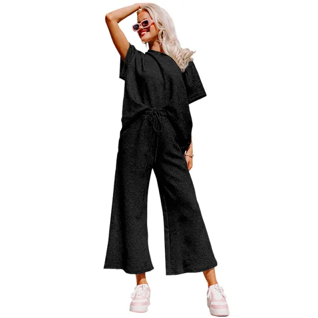 Summer New Color Casual Suit Female European And American All matching Thread Drawstring Sportswear Female Black - Shop at LoveMi