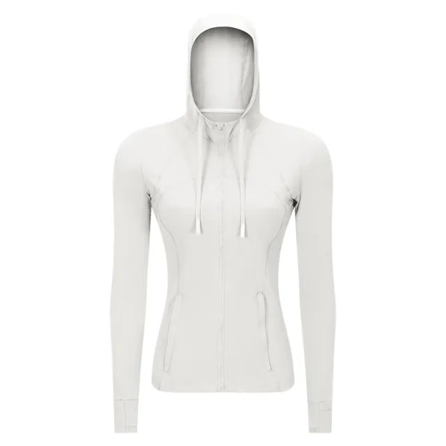 Women's Sports Hooded Jacket Slim fit Zipper Elastic Running Yoga Clothes Pearlescent White - Shop at LoveMi