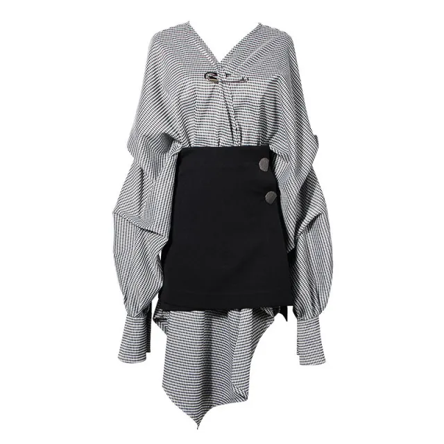 Irregular Cut V neck Fashionable Suit Dress Women's Long Sleeve Skirt Two piece Set Small Plaid - Shop at LoveMi