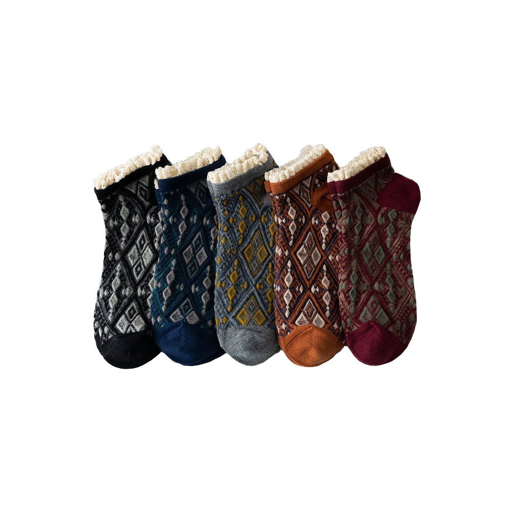 Rhombus Vintage Lace Jacquard Cotton Socks - Image 12