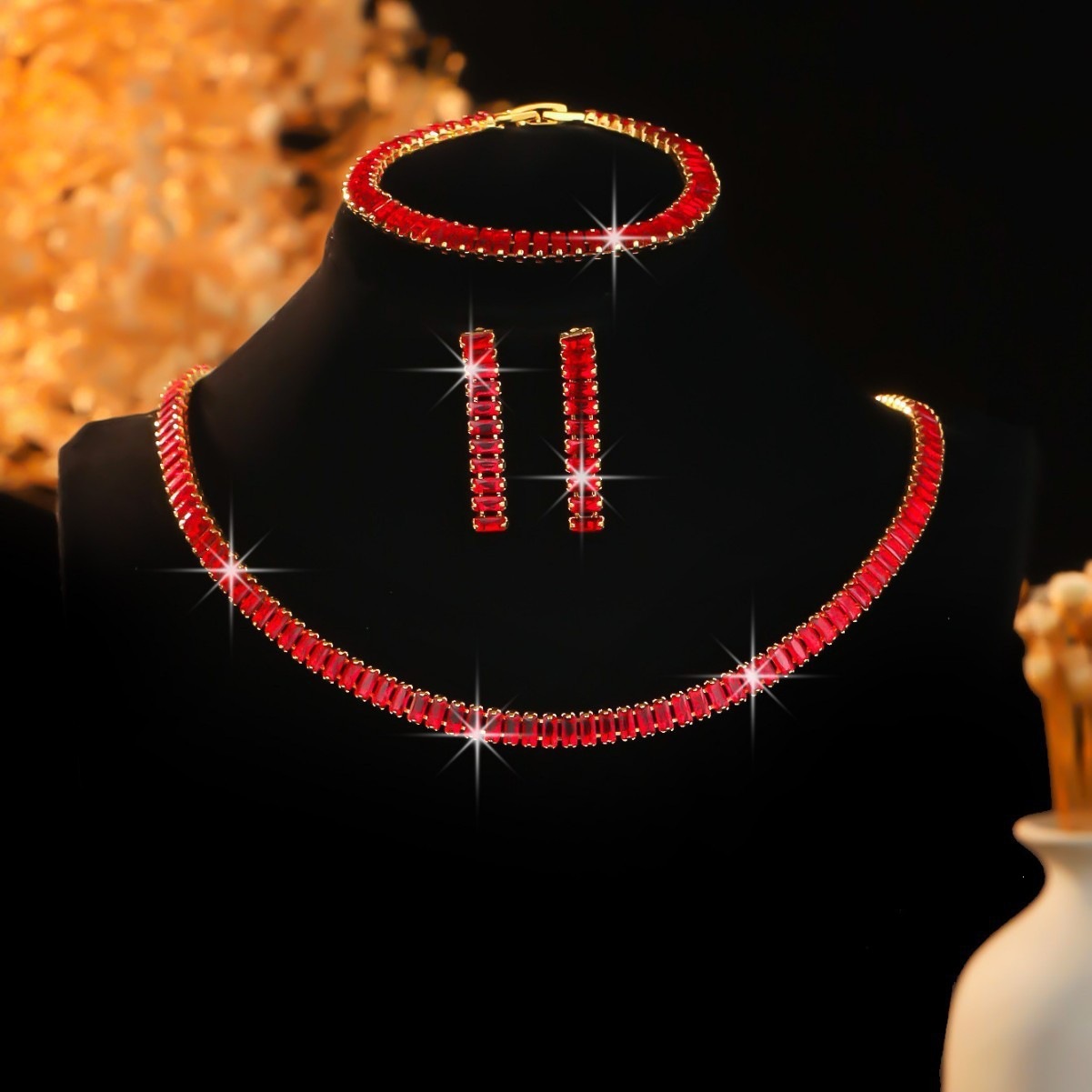 Multicolor Zircon Claw Chain Zircon Bracelet Stud Earrings And Necklace Set
