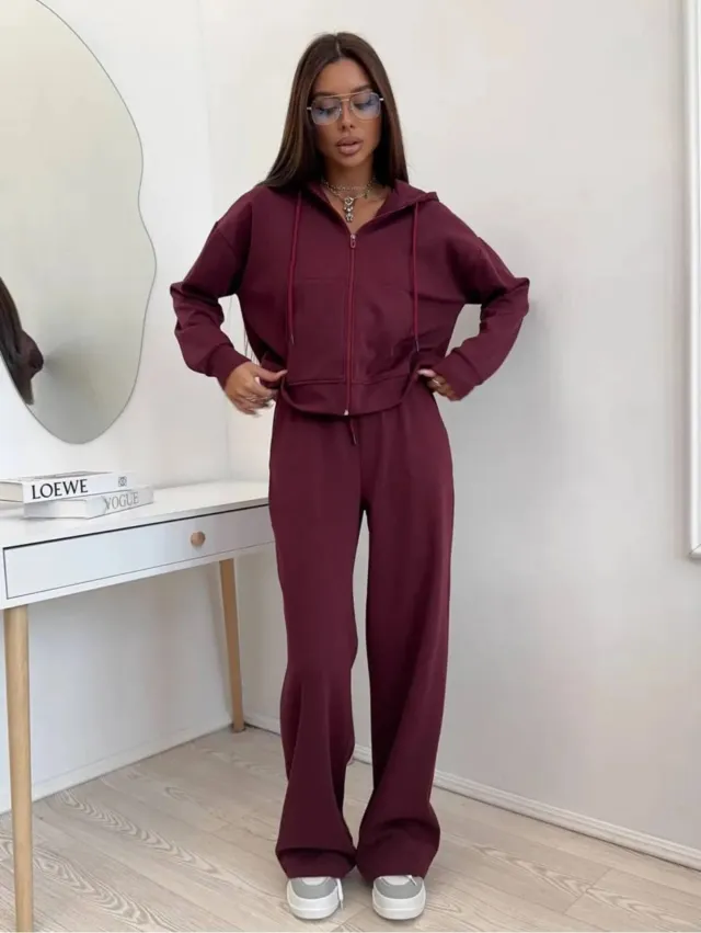 European And American Solid Color Long Sleeve Zipper Cardigan Hoodie Lace up Trousers Two piece Set Wine - Shop at LoveMi