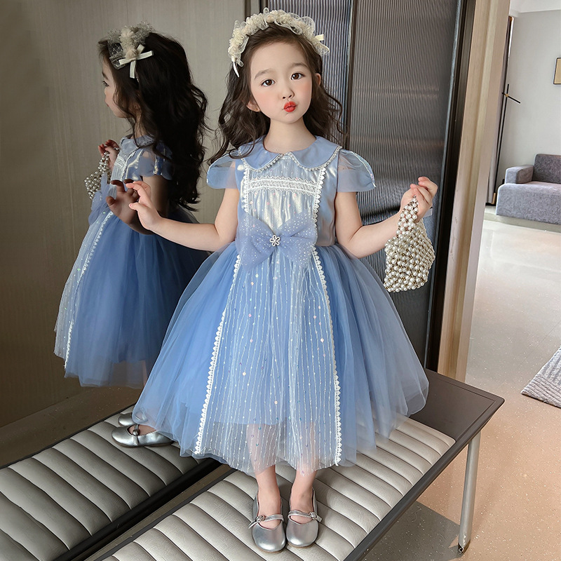 Girls' Dress Doll Collar Embroidered Mesh