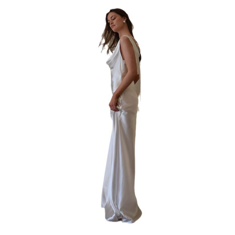 Elegant Pearlescent Backless Dress Lace-up Swing Collar Dress