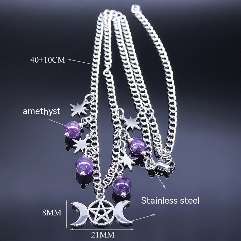 Triple Moon Goddess Five-pointed Star Necklace Stainless Steel
