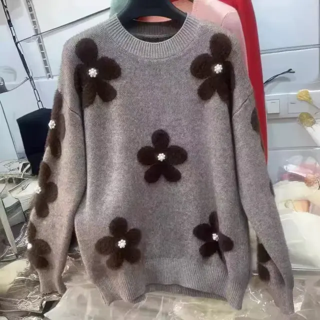 Women's Korean style Flower Round Neck Sweater Brown - Shop at LoveMi