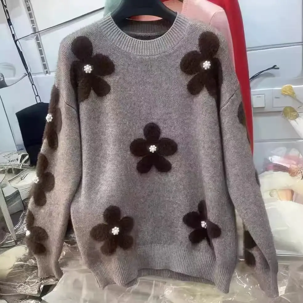 Women's Korean-style Flower Round Neck Sweater - Brown