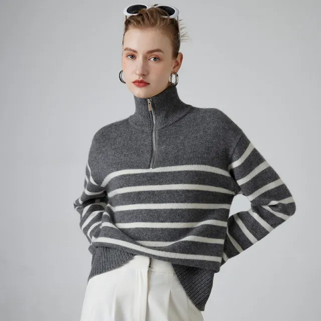 Women's Thick Black And White Striped Zipper Turtleneck Cashmere Sweater Gray - Shop at LoveMi