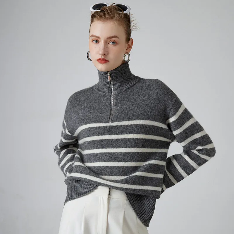 Women's Thick Black And White Striped Zipper Turtleneck Cashmere Sweater - Gray