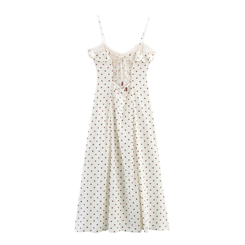 New Summer Retro Waist-controlled Polka Dot Midi Skirt Sling Dress
