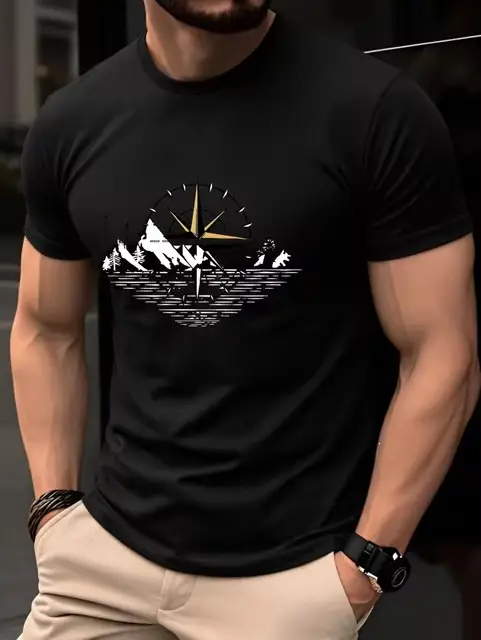 Mens Retro Compass-Print Short-Sleeve Shirt