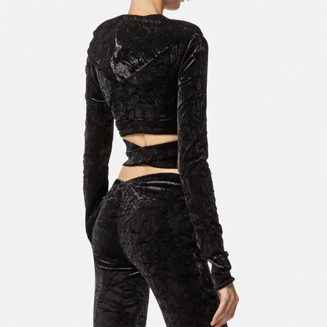 Hooded Long Sleeve Hollow Suede Top Black - Shop at LoveMi