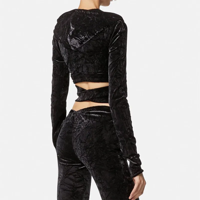 Hooded Long Sleeve Hollow Suede Top - Black