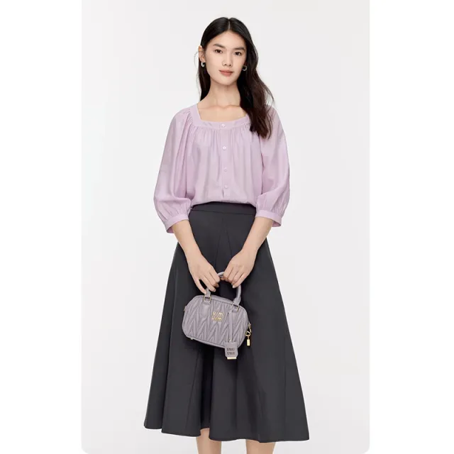 Loose All match Square Collar Retro Pleating Shirt For Women Pink Purple - Shop at LoveMi