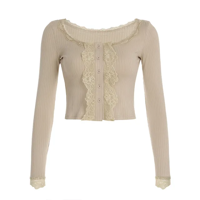 New Slim Fit Slimming And Short Lace Long sleeved Top For Women Khaki - Shop at LoveMi