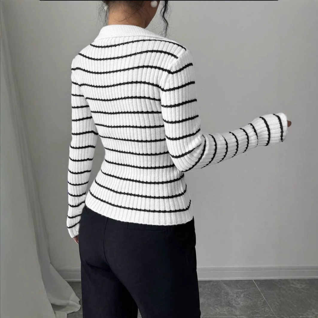 Striped Long Sleeve T-shirt Slim Fit Base Knitting Women - Image 3