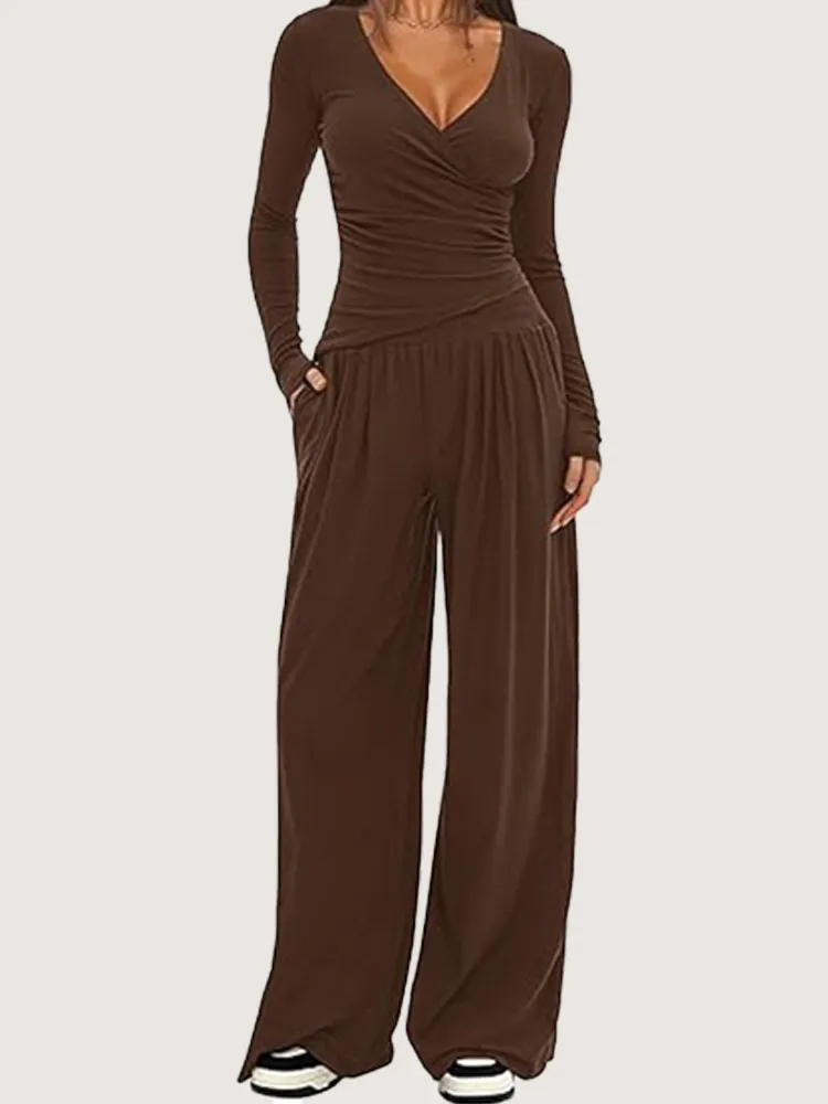 Women's Wide-leg Pants Long-sleeved Sportswear Suit - Brown