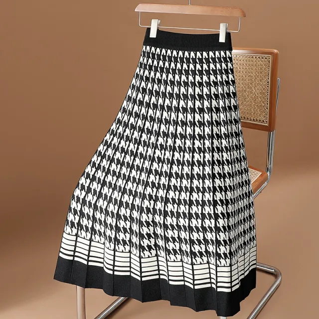 Houndstooth Knit Skirt For Women FallWinter High Waisted Black - Shop at LoveMi