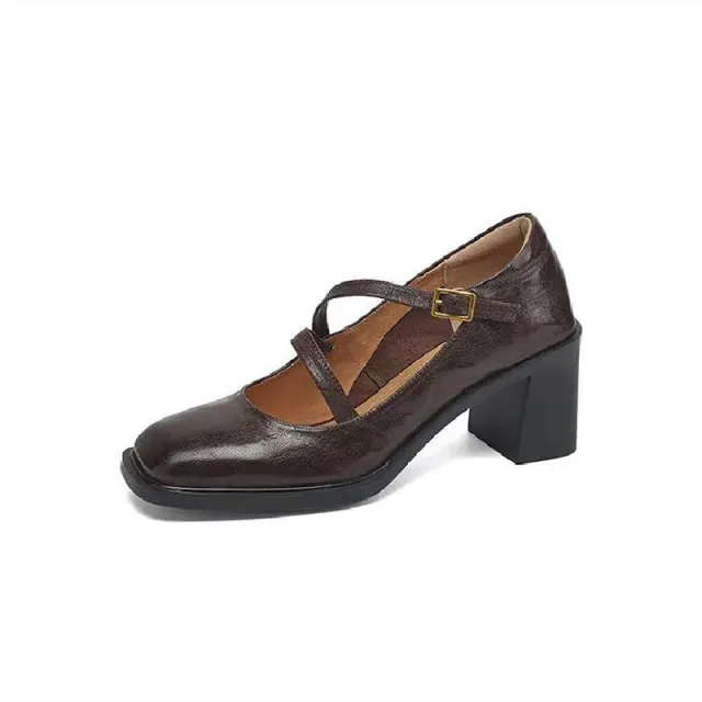 Square Toe High Heel Mary Jane Shoes Female Chunky Heel Low cut Brown - Shop at LoveMi