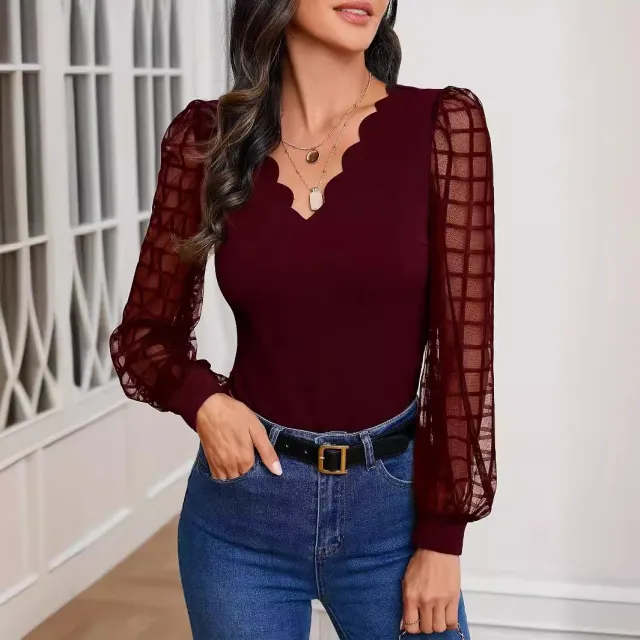 Women's Pearl Edge Shimingcom Puff Sleeve Shirt Red - Shop at LoveMi