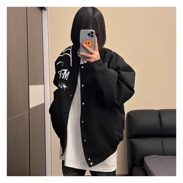 American Spider Web Embroidered Jacket Baseball Uniform Black - Shop at LoveMi