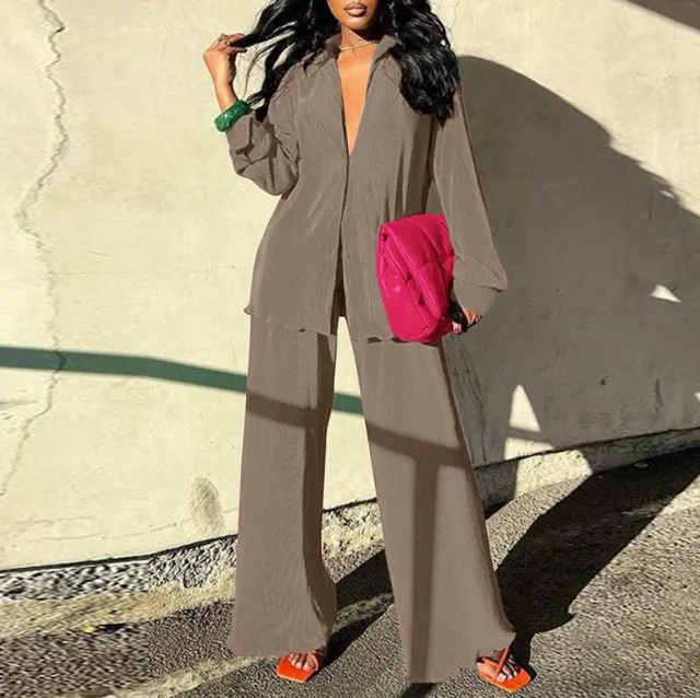 Loose Outfit Office Shirt Top Pants Loose Brown - Shop at LoveMi