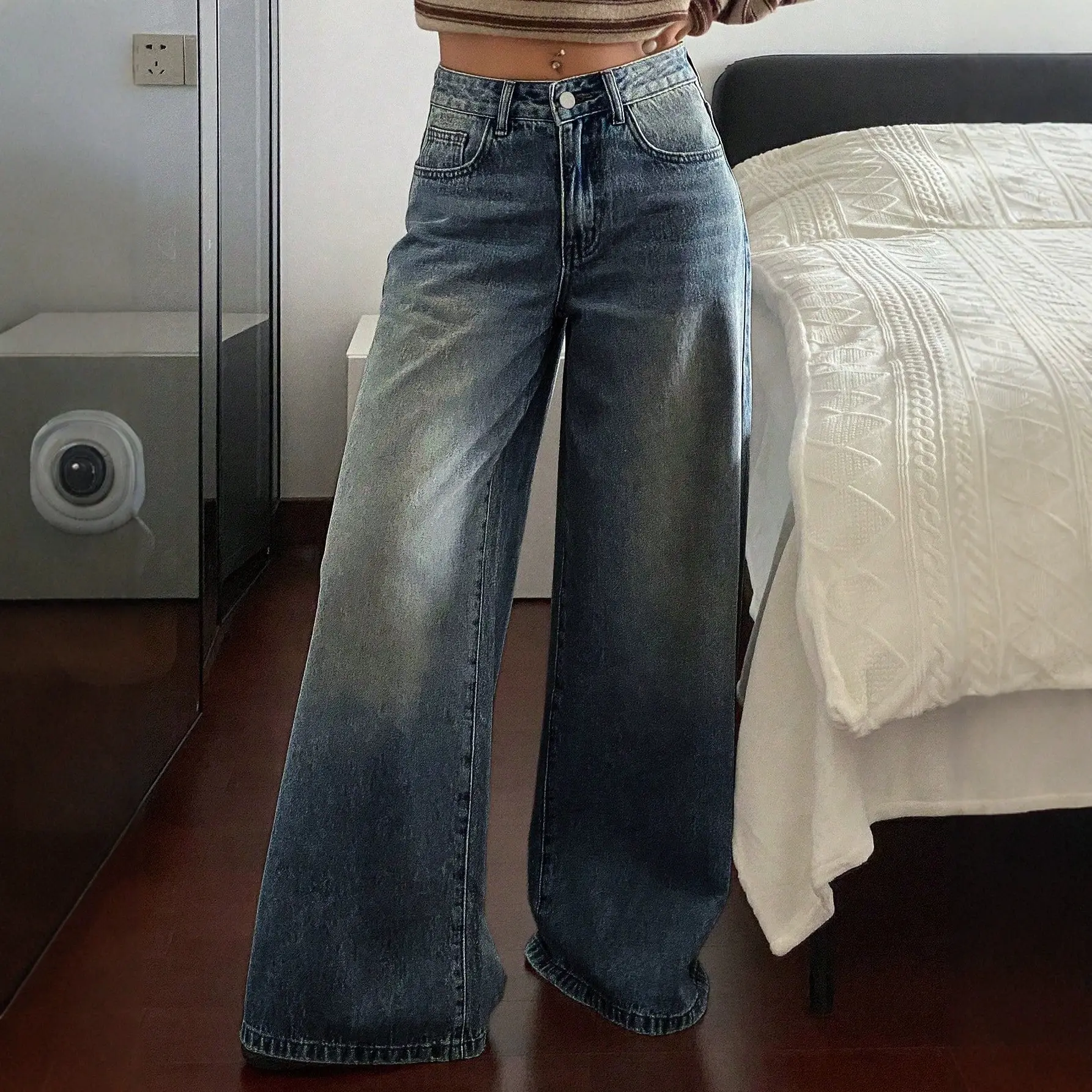 American Style Wide Leg Straight Jeans Versatile